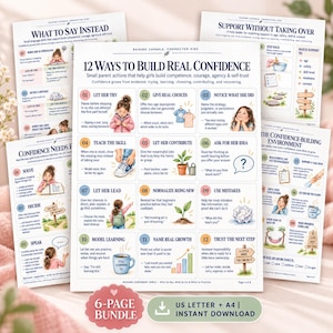Peut inclure: Un ensemble éducatif de six pages intitulé 12 Ways to Build Real Confidence, présentant des guides parentaux illustrés. Les pages comprennent du texte, des listes numérotées et des dessins à l'aquarelle d'enfants, de plantes et d'objets sur papier blanc.