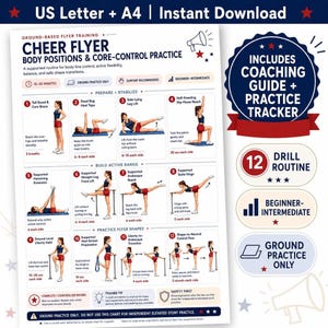 May include: A digital instructional chart titled Cheer Flyer Body Positions & Core-Control Practice, featuring twelve numbered illustrations of exercises. It includes sections for Prepare & Stabilize, Build Active Range, and Practice Flyer Shapes.