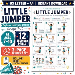 Plano de treino de cheerleading para iniciantes (imprimível), idades de 7 a 10 anos: prática de saltos, rotina sem equipamentos, guia para pais/treinadores, rastreador de confiança.