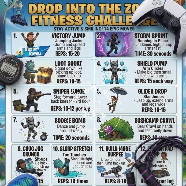 A gaming-themed kids fitness challenge chart featuring cartoon character illustrations and workout moves.