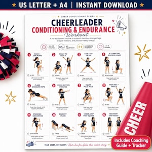 May include: A digital workout chart titled Cheerleader Conditioning & Endurance Workout, featuring twelve numbered exercise illustrations with instructions. The document includes text for US Letter and A4 sizes, and a separate red cheer megaphone graphic.