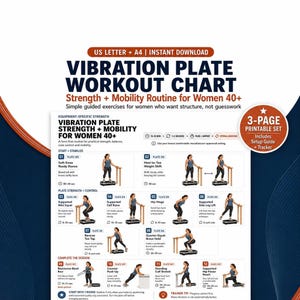 Entrenamiento con plataforma vibratoria para mujeres mayores de 40 años / Ejercicios de fuerza, equilibrio y movilidad / Guía en PDF de 3 páginas + Seguimiento