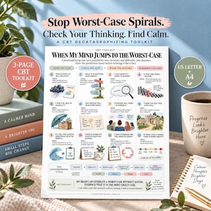 Catastrophizing Worksheet, CBT Toolkit for Anxiety and Worst-Case Thoughts, Probability Checks, Coping Plan PDF
