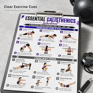 K&ouml;nnte beinhalten: Ein schwarz-wei&szlig;es, druckbares Diagramm mit dem Titel "Essential Calisthenics Workout". Es zeigt 15 K&ouml;rpergewichts&uuml;bungen mit Diagrammen und Anweisungen. Eine Stoppuhr und ein Stift sind ebenfalls sichtbar.