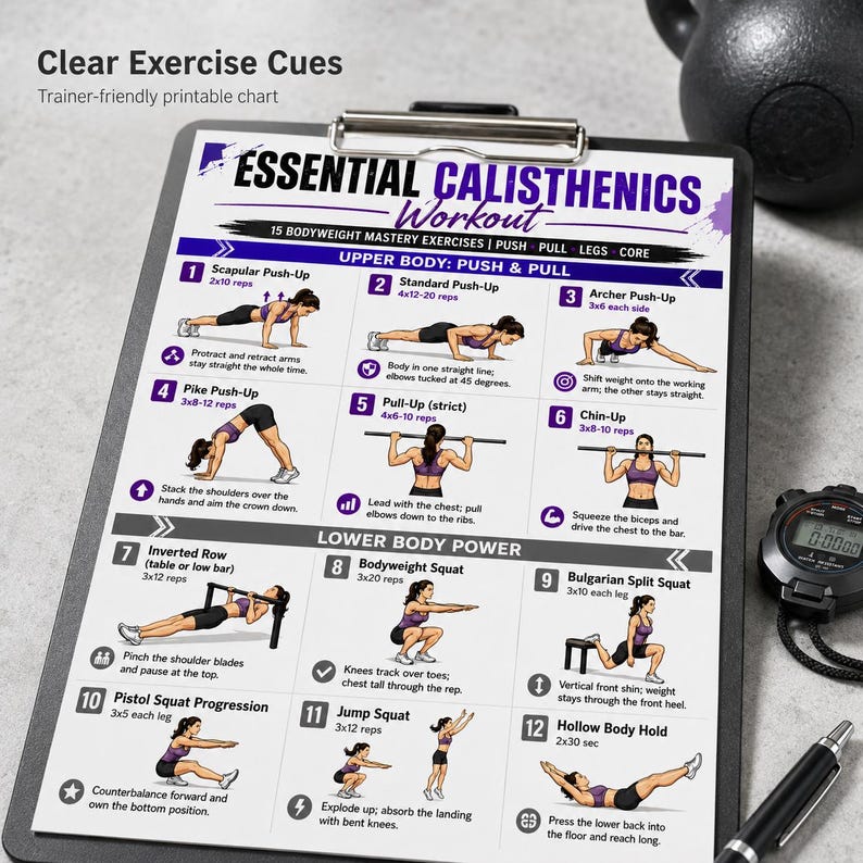 K&ouml;nnte beinhalten: Ein schwarz-wei&szlig;es, druckbares Diagramm mit dem Titel "Essential Calisthenics Workout". Es zeigt 15 K&ouml;rpergewichts&uuml;bungen mit Diagrammen und Anweisungen. Eine Stoppuhr und ein Stift sind ebenfalls sichtbar.