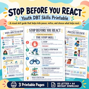 Könnte beinhalten: Ein Set aus drei druckbaren Seiten mit dem Titel Stop Before You React, die DBT-Fähigkeiten für Jugendliche zeigen. Die Dokumente enthalten nummerierte Schritte, Symbole und Textanleitungen zur Bewältigung von Emotionen.