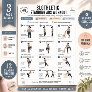 Standing Abs Workout Printable, Beginner Core Exercise Chart, Lazy Fit No Floor Routine, Gentle Fitness Guide PDF