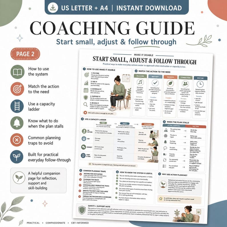 A close-up of the "Coaching Guide" page from the CBT Action Planner, detailing how to use the system, match the need to the action, and common pitfalls.