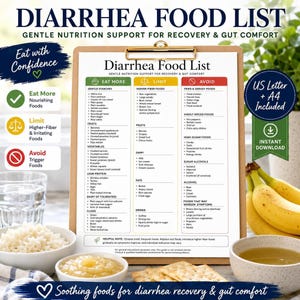 May include: A printed Diarrhea Food List on a clipboard, categorized into Eat More, Limit, and Avoid sections with bulleted food items. The document includes the title, gentle nutrition support text, and a helpful note at the bottom for recovery.