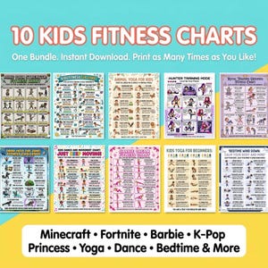 A grid displaying ten different printable kids fitness charts with varied themes and exercise illustrations.