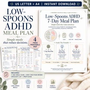 Può includere: Un piano pasti in PDF stampabile di 4 pagine intitolato Low-Spoons ADHD 7-Day Meal Plan. Il documento include un piano di 7 giorni, una guida al funzionamento, una lista della spesa e una guida alla preparazione per formati US Letter e A4.