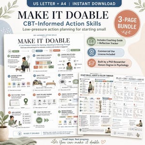 Può includere: Un pacchetto digitale di 3 pagine intitolato MAKE IT DOABLE CBT-Informed Action Skills, che presenta un sistema di pianificazione delle azioni a bassa pressione. Include una guida al coaching, un tracker di riflessione e schede.
