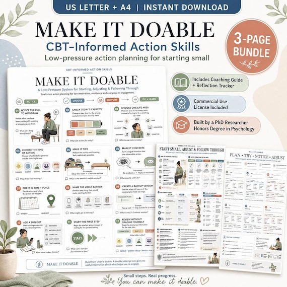 CBT Action Planner Printable, Low Motivation Toolkit, Avoidance Support Guide, Follow Through Tracker, US Letter A4 PDF