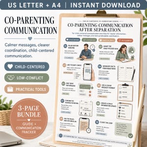 May include: A digital download document titled Co-Parenting Communication After Separation, featuring ten numbered exercises for child-centered communication. The guide includes illustrations of people, smartphones, calendars, and checklists in a muted color palette.