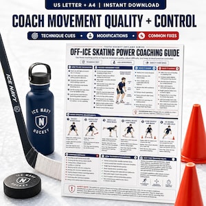 A blue and red hockey training guide titled "Quality + Control" shows 14 drills with small illustrations, a black water bottle, and a hockey stick.