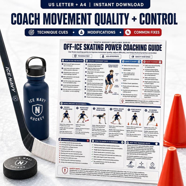 A blue and red hockey training guide titled "Quality + Control" shows 14 drills with small illustrations, a black water bottle, and a hockey stick.