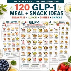 GLP-1 Meal Ideas Printable, 120 Breakfast Lunch Dinner Snack Options, Protein-Aware Portion Guide PDF Bundle