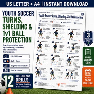 May include: A digital instructional poster titled Youth Soccer Turns, Shielding & 1v1 Ball Protection, featuring 12 illustrated soccer drills with text instructions, icons for time and equipment, and a 14-day challenge guide for beginner to intermediate players.