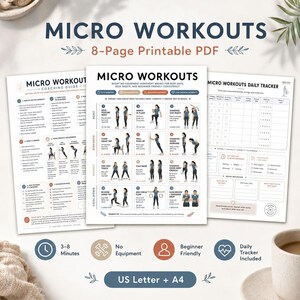 Afdrukbare microworkouts, trainingsschema bewegingssnacks, fitnessgids voor beginners, geen apparatuur, pdf-oefeningentracker voor op het bureau