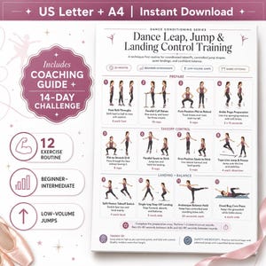 May include: A digital dance conditioning chart titled Dance Leap, Jump & Landing Control Training. It features twelve numbered exercise illustrations with instructions, a coaching guide, and a 14-day challenge for beginner-intermediate levels.