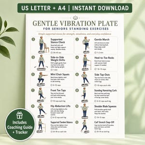 Esercizi con pedana vibrante per anziani in formato PDF, tabella di esercizi delicati in posizione eretta, routine di equilibrio, tracker e guida stampabili.
