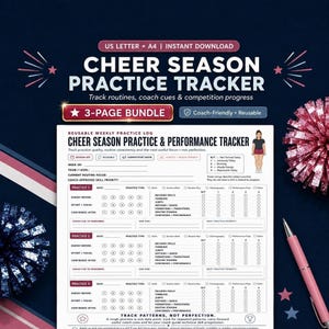 May include: A digital cheer season practice and performance tracker document featuring a three-page bundle layout. The form includes sections for tracking energy, effort, focus, and confidence levels, with specific fields for coach cues and skill priorities.