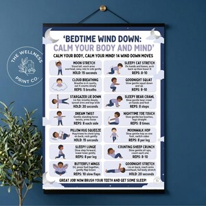 A dark blue poster titled Bedtime Wind Down hanging on a wall, showing 14 calming stretches and yoga poses with children illustrations.
