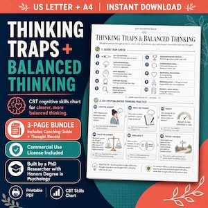 CBT Thinking Traps Worksheet | Balanced Reframing Record, Anxiety Self Help Printable PDF