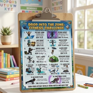 May include: A fitness challenge chart on a wooden clipboard with the text "Drop Into The Zone: Fitness Challenge." The chart features 14 exercises with illustrations, including Victory Jump, Loot Squat, and Final Circle Climb. Colorful pencils are visible.
