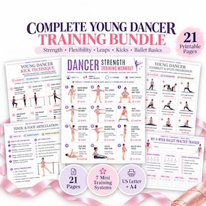 May include: A complete young dancer training bundle featuring 21 printable pages. The set includes instructional sheets for kick technique, strength training, flexibility, and ballet foundations, plus a 4-week practice tracker with illustrations.