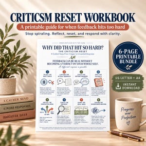 May include: A printable Criticism Reset Workbook featuring 8 guided steps to process feedback. The document includes sections titled Why Did That Hit So Hard, Pause The Next Move, Capture The Actual Feedback, Catch The Instant Meaning, and Spot The Old Rule.