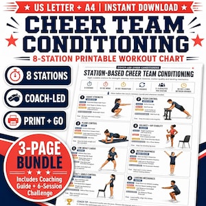 May include: A printable 3-page cheer team conditioning workout chart featuring 8 stations with coach-led exercises. The document includes text detailing station-based drills for strength, stamina, and balance, with illustrations of various athletic movements.