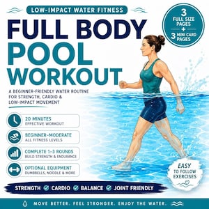 Pool Workout Printable PDF, Full Body Water Aerobic Fitness Routine, Low Impact Aqua Exercise Chart, Beginner Swim Workout Cards