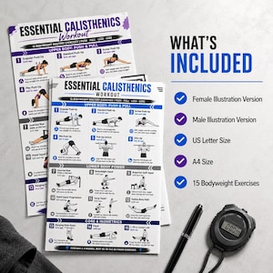 K&ouml;nnte beinhalten: Zwei Trainingsanleitungen mit dem Titel "Essential Calisthenics Workout" mit &Uuml;bungsillustrationen. Die Anleitungen umfassen &Uuml;bungen f&uuml;r den Oberk&ouml;rper, den Unterk&ouml;rper und den Rumpf. Eine Stoppuhr und ein Stift sind ebenfalls sichtbar. Der Text "What's Included" wird angezeigt.