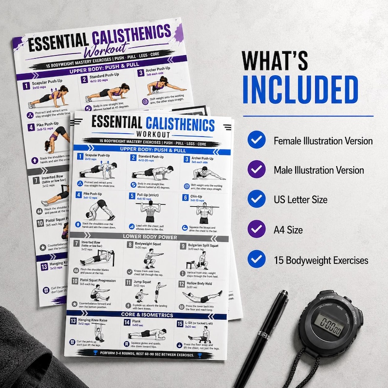 K&ouml;nnte beinhalten: Zwei Trainingsanleitungen mit dem Titel "Essential Calisthenics Workout" mit &Uuml;bungsillustrationen. Die Anleitungen umfassen &Uuml;bungen f&uuml;r den Oberk&ouml;rper, den Unterk&ouml;rper und den Rumpf. Eine Stoppuhr und ein Stift sind ebenfalls sichtbar. Der Text "What's Included" wird angezeigt.
