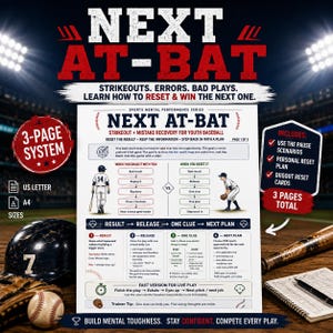 Könnte beinhalten: Ein dreiseitiges System zur mentalen Leistungssteigerung für Jugendbaseball mit dem Titel NEXT AT-BAT. Das Dokument beschreibt einen Erholungsprozess nach Fehlern, inklusive Diagrammen, Anweisungen und Baseballspieler-Grafiken.