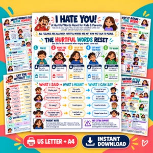 Puede incluir: Un póster educativo titulado I HATE YOU! A Hurtful Words Reset for Kids & Parents, que presenta ilustraciones coloridas de niños y adultos, guías paso a paso para la regulación emocional y burbujas de texto que traducen palabras hirientes.