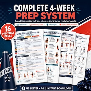 May include: A digital cheerleading preparation system featuring 16 printable pages of training plans, coaching guides, and tryout readiness checklists. The document includes text, diagrams, and illustrations of cheer motions and exercises.