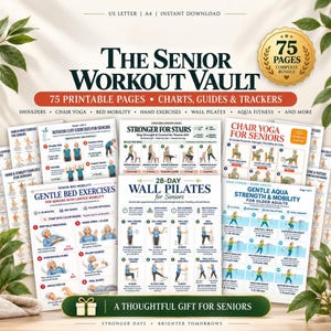 Könnte beinhalten: Ein digitales Paket mit dem Titel The Senior Workout Vault, das 75 druckbare Seiten mit Übungsplänen, Anleitungen und Trackern für Senioren enthält. Die Sammlung umfasst Routinen für Stuhlyoga, Bettmobilität, Handübungen, Wand-Pilates und Aquafitness.