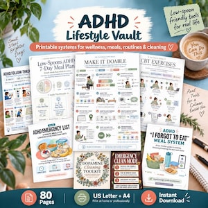 May include: A collection of printable ADHD lifestyle vault documents including a 7-day meal plan, a make it doable system, CBT exercises, an emergency list, a dopamine cleaning toolkit, and an emergency clean mode guide, all featuring text.
