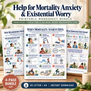 Może przedstawiać: Zestaw arkuszy do druku zatytułowany Help for Mortality Anxiety & Existential Worry. Pakiet zawiera trzy strony z ilustracjami i tekstem, takimi jak When Mortality Anxiety Hits, Why Reassurance Never Works oraz Make Room for I Don't Know.