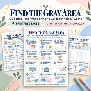 Könnte beinhalten: Ein Set aus fünf druckbaren Seiten mit dem Titel Find the Gray Area, ein KVT-Leitfaden für Kinder und Jugendliche zum Schwarz-Weiß-Denken. Die Seiten enthalten pädagogische Texte, nummerierte Listen, Diagramme und Illustrationen.
