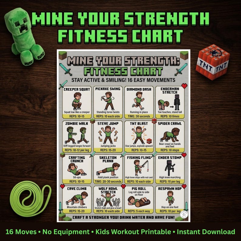 A pixelated video game style fitness chart titled Mine Your Strength, surrounded by a plush green creeper toy, a TNT block, and a green cord.