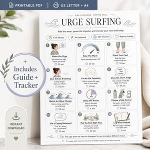 Urge Surfing Printable DBT Coping Skill Chart, Practice Tracker PDF, Recovery Support, Impulse Delay Worksheet