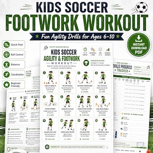 Kids Soccer Drills Printable, Youth Agility & Footwork Workout PDF, Practice Tracker, Beginner Skills for Ages 6-10