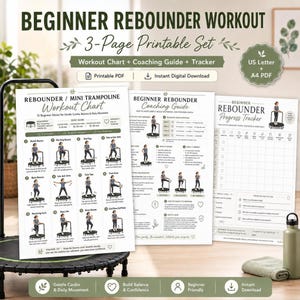 Beginner Rebounder Workout Chart, Mini Trampoline Exercise PDF, Low Impact Cardio Routine & Progress Tracker