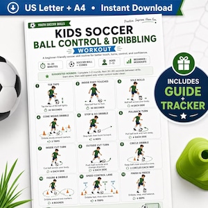 May include: A white instructional workout sheet titled Kids Soccer Ball Control & Dribbling with twelve numbered illustrations showing football drills. The document includes text for timing, age ranges, and skill levels, alongside a football and cone.