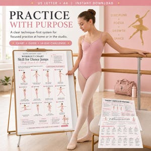 Puede incluir: Una guía digital de entrenamiento de danza titulada Practice With Purpose, que incluye un gráfico de ejercicios para saltos, un reto de 14 días y diagramas instructivos. Los materiales incluyen texto, ilustraciones de ballet y un maillot rosa.