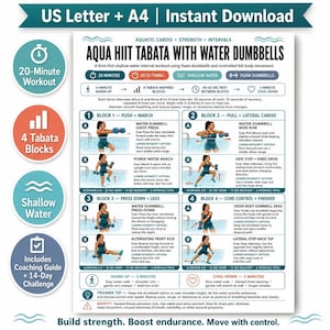 Programme d'entraînement Aqua HIIT Tabata (PDF), guide d'exercices avec haltères aquatiques, défi fitness en piscine de 14 jours