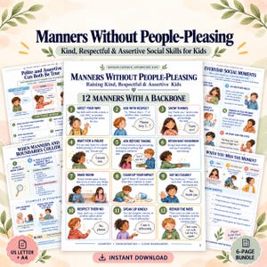 May include: A 6-page educational bundle titled Manners Without People-Pleasing, featuring illustrated guides for children. The central page displays 12 numbered social skills with cartoon characters, speech bubbles, and text instructions for assertive behaviour.